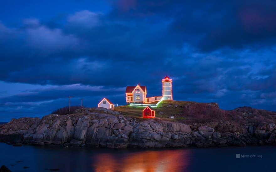 Holiday lights on Cape Neddick Light in York, Maine