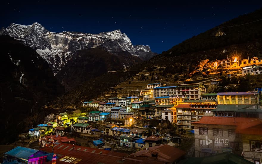 Kongde Ri mountain looms over Namche Bazaar in Sagarmatha National Park, Nepal